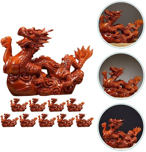 Vista 9 de Veemoon Estatua de madera de dragón chino Fengshui, 3.9 in, mini rojo 2024 Año del Dragón, escultura tallada a mano para decoración de estantes