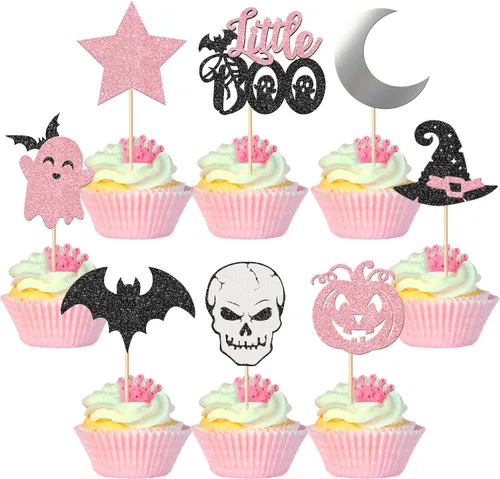 Vista 22 de Rsstarxi Paquete de 24 adornos para cupcakes Little Boo con purpurina, bruja, gato, calabaza, castillo, fantasma, magdalenas, alimentos, decoración