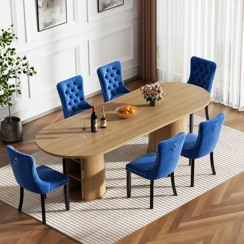 Vista 18 de Mesa de comedor redonda extensible con base de almacenamiento, mesa de comedor expandible natural de 63 a 94 pulgadas para 10 personas, mesa