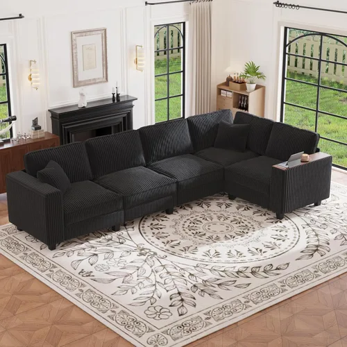 Vista 26 de Sofá seccional modular de 97 pulgadas con 5 asientos, sofá cómodo convertible en forma de L con almacenamiento en reposabrazos y dos almohadas