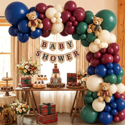 Vista 10 de 152 piezas de decoración a cuadros de tartán para baby shower, globos de oso, guirnalda de arcos, globos a cuadros de oso preppy para baby shower