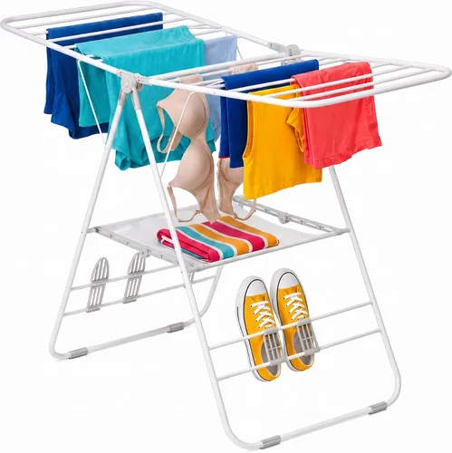 Vista 8 de Honey-Can-Do Heavy-Duty Gullwing Clothes Drying Rack, White, 46 Ft Rust-resistant metal frame; 50 lb capacity; dedicated shoe drying bars; folds