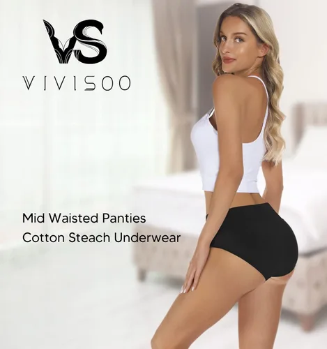 Vista 2 de VIVISOO Ropa interior de cintura media para mujer, de algodón, elásticos, suaves, paquete múltiple