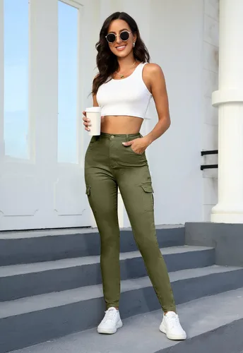 Vista 7 de ECUPPER Pantalones de mezclilla ajustados de cintura alta para mujer, pantalones de mezclilla elásticos de tiro alto, jeans ajustados con bolsillos