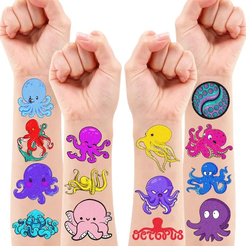 Vista 3 de 100 piezas temáticas de pulpo, regalos de fiesta de cumpleaños, suministros de decoración, pulpo, océano bajo el mar, animales, tatuajes temporales
