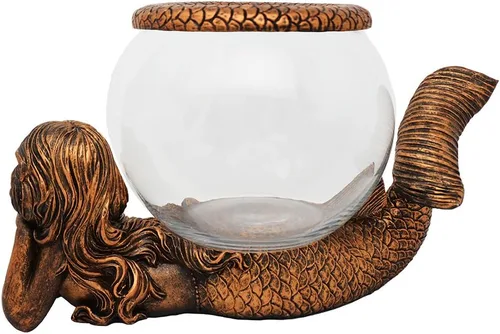 Vista 8 de Jarrón Decorativo de Sirena Mística – Acuario de Vidrio de 1 Galón, Terrario o Portavelas Figura de Sirena Antigua Dorada con Jarrón, Anillo