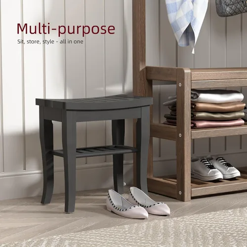 Vista 7 de Banco de ducha de bambú, taburete de ducha pequeño de spa para ducha interior, impermeable, asiento de baño con estante de almacenamiento para Negro