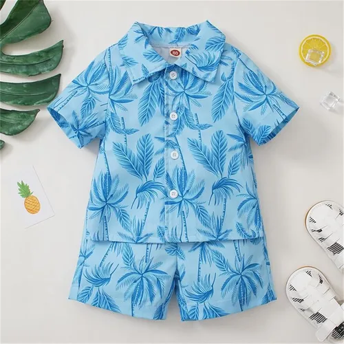 Vista 2 de ropa de niños de 2 a 4 años niños de manga corta dibujos animados hojas estampados camiseta tops pantalones cortos playa niño niños