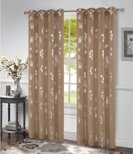 Vista 2 de Felicity - Panel de ventana con ojales transparentes con estampado de hojas de ginkgo, color negro y plateado, 54 x 84 pulgadas
