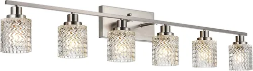 Vista 9 de MELUCEE Aplique de pared de 2 luces con pantalla de vidrio martillado, luces de baño de níquel cepillado sobre el espejo, accesorios de iluminación