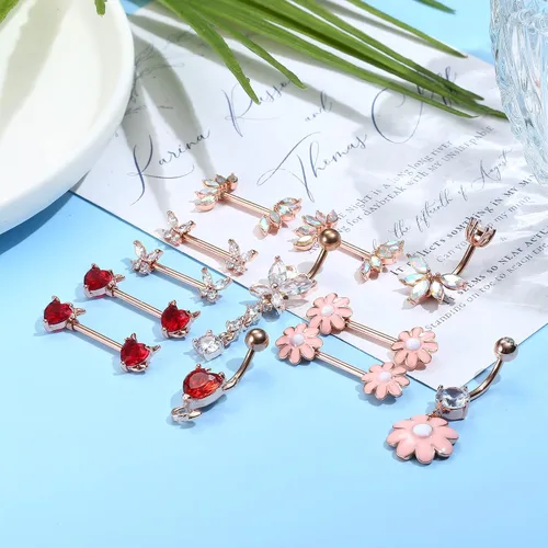 Vista 6 de Sanfenly 12 anillos de pezón anillos de ombligo para mujer 14G 316L acero inoxidable quirúrgico curvado barra de ombligo bonita mariposa flor