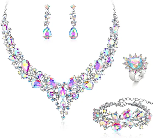 Vista 32 de BriLove - Juego de joyas de boda con cristales austriacos, collar, aretes y pulsera para mujer 01-Tono plateado transparente
