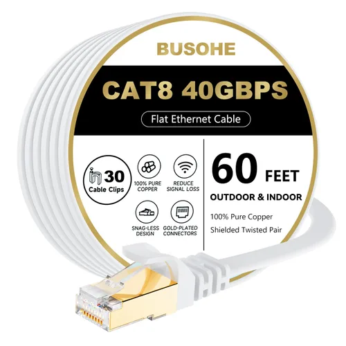Vista 15 de Cable Ethernet Cat 8 de 1 pie, paquete de 2 unidades, 40 Gbps 2000 MHz, cable plano Cat8 de alta velocidad con conector RJ45 chapado en oro, cable