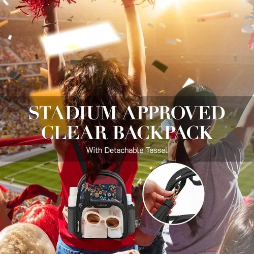 Vista 4 de Missnine Mochila transparente aprobada para estadios, mini bolsa transparente de PVC grueso con ribete de cuero para eventos deportivos, conciertos
