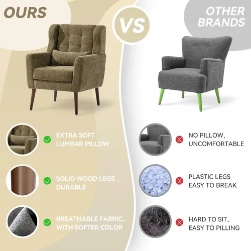 Vista 4 de Silla de Acento Moderna, Sillón Tapizado con Almohada, Sofá Individual de Tela con Asiento de Salón y Patas de Madera, Silla de Acento para Sala