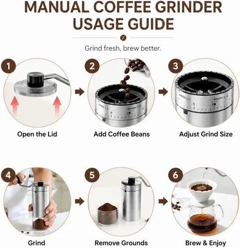 Vista 5 de Mini molinillo de café manual, 40 ajustes externos ajustables, rebabas cónicas de cerámica, molino de café portátil de acero inoxidable