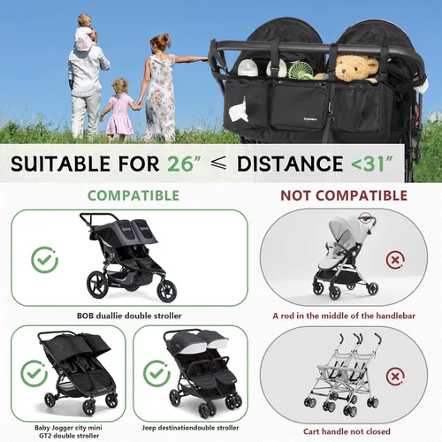 Vista 2 de Organizador de cochecito doble para Bob Duallie con 2 portavasos aislados y bolsa refrigeradora, Baby Jogger City Mini Gt2 Jeep Accesorios