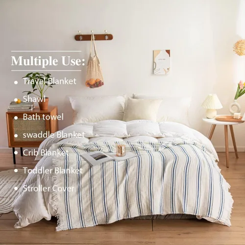 Vista 5 de Simple&Opulence Manta de muselina de algodón a rayas teñidas para cama, sofá, manta tejida de punto con borlas, suave, ligera, acogedora, prelavada