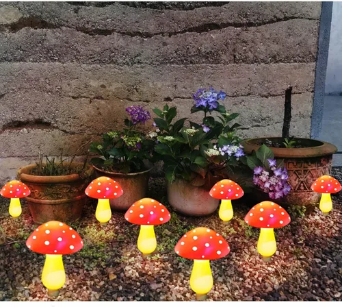 Vista 5 de Paquete de 8 luces solares de hongos rojos para decoración de jardín al aire libre