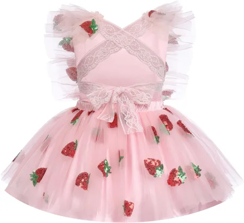 Vista 3 de Vestido para sesión de fotos de fiesta de cumpleaños con espalda descubierta para bebé, niña, mariposa, fresa, volantes, princesa, pastel, fiesta