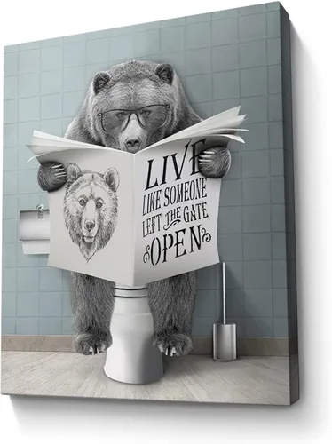 Vista 28 de Bonito oso para decoración de baño, arte de pared divertido con estampado de oso de casa de campo, pintura decorativa de pared enmarcada moderna