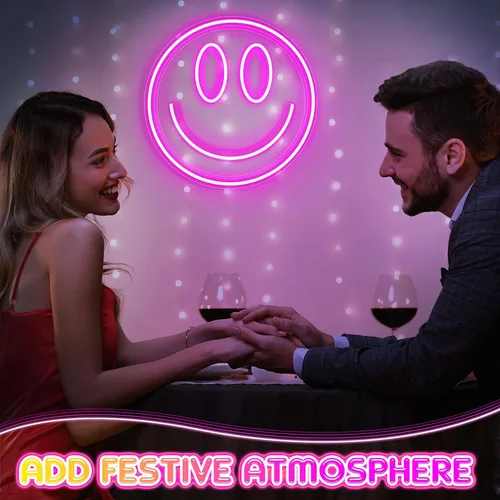 Vista 2 de Honoson 2 luces de neón faciales de 13 pulgadas, letreros de neón grandes alimentados por USB, lindas luces de sala de juegos para pared