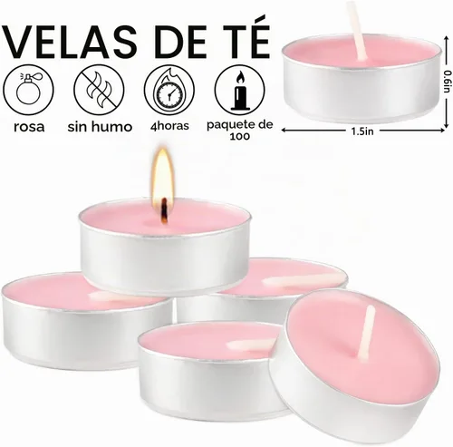 Vista 3 de Velas aromáticas de rosa rosa, paquete de 100 velas votivas gigantes a granel, juego de velas de té sin humo para el día de San Valentín