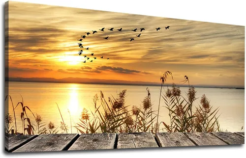 Vista 8 de yearainn Arte de Lienzo de Pared en Blanco y Negro Lago al Atardecer con Pájaros Voladores Cuadros para Decoración de Pared Paisaje Natural Pintura