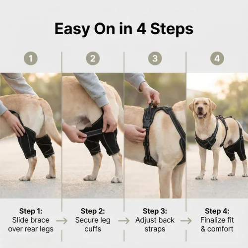 Vista 6 de Rodillera para perro para desgarro ACL/CCL – Soporte ajustable para patas traseras con arnés antideslizante y férula interior, soporte