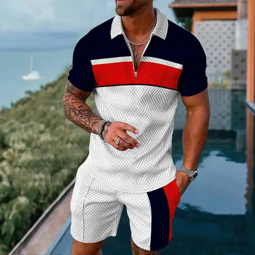 Vista 2 de BIRW Conjunto corto de 2 piezas para hombre, camiseta polo, conjunto casual de verano de manga corta y pantalones cortos para hombre