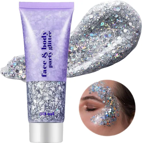 Vista 25 de Go Ho Brillantina azul para rostro y cuerpo, pintura facial azul de Halloween, gel brillante de sirena, lentejuelas gruesas holográficas para ojos