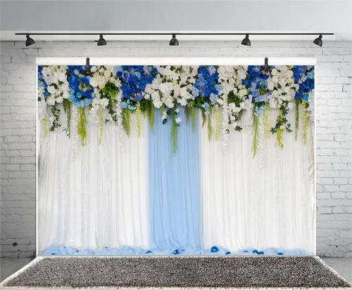 Vista 2 de AOFOTO Cortina de flores azules y blancas de 6 x 4 pies, telón de fondo de boda, romántico, cortinas de pared florales para novia, novio, damas