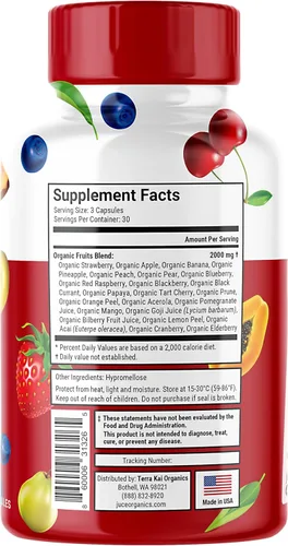 Vista 2 de Terra Kai Organics Juce Formula, Superfruta orgánica - Sin gluten/gelatina, sin soja y vegana- Cápsulas de superalimentos Rojos- 23 frutas
