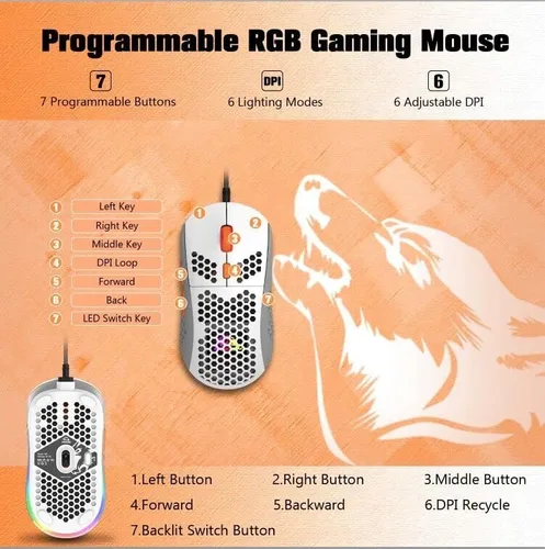 Vista 6 de ZIYOU LANG Ratón para juegos RGB con cable, 65G ligero de panal ultraligero con sensor de alta precisión 6400DPI, 6 botones programables USB