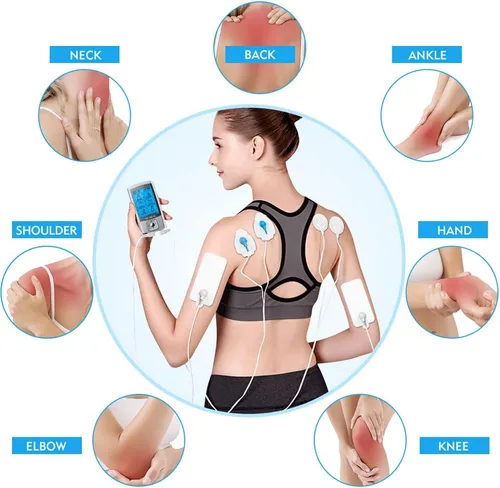 Vista 4 de Estimulador muscular de unidad TENS de 24 modos, máquina TENS recargable con 8 almohadillas de electrodo (gel americano), masajeador eléctrico