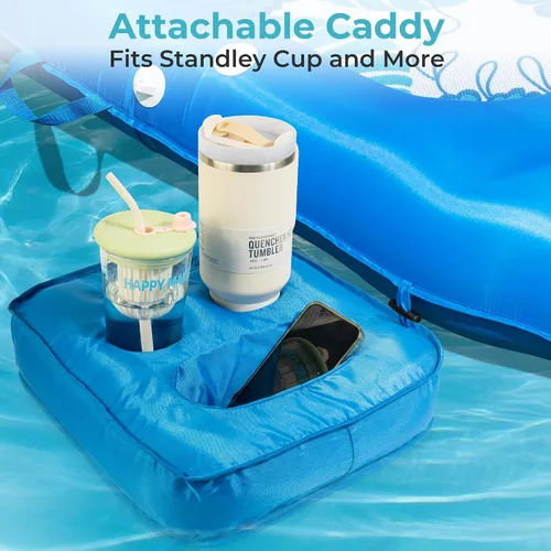 Vista 5 de Fabric Covered Inflatable Pool Lounger Float Adult, 70"x39" Extra Large Pool Float w/ UPF50+ Sunshade Canopy & Cupholder Caddy, Water Floaties Raft