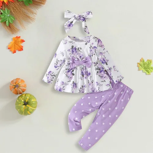 Vista 2 de Conjuntos de ropa para niñas pequeñas, traje de algodón suave, cálido, cuello redondo, manga larga, cuello redondo, floral, otoño