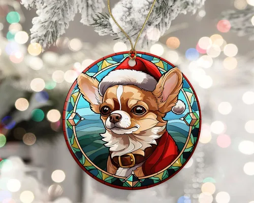 Vista 2 de Chihuahua - Adorno de cerámica de vitrales de Navidad, adorno colgante para árbol de Navidad, adorno de vitral de perro, adorno religioso
