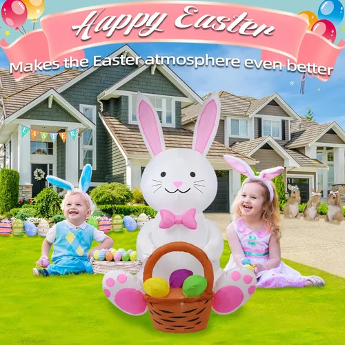 Vista 7 de [Usado] Conejo de 5 pies con una cesta de flores, decoración inflable de Pascua para patio, conejo de Pascua inflable con cesta iluminada
