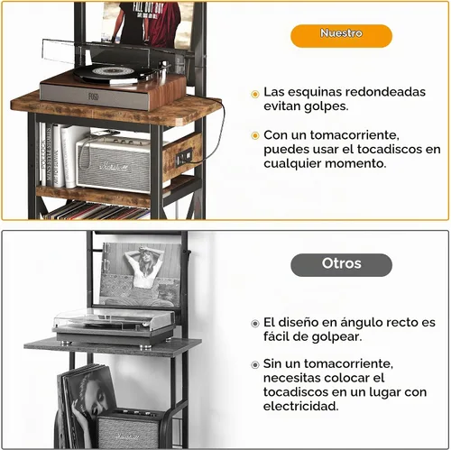 Vista 7 de Homeiju Soporte para tocadiscos con toma de corriente, estante de exhibición de discos de vinilo de 6 niveles, mesa de tocadiscos con almacenamiento