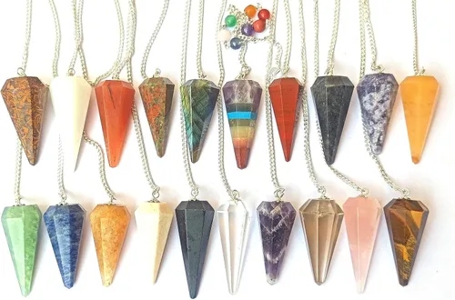 Vista 5 de GEMSCITE Lote de 10 piezas de péndulos de piedras preciosas con tablero de péndulo moda poderosa meditación psíquica regalo de éxito psíquico