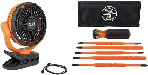 Vista 9 de Klein Tools Paquete de mini ventilador USB recargable con batería con tira de alimentación magnética, protector de sobretensiones, luz LED, puertos