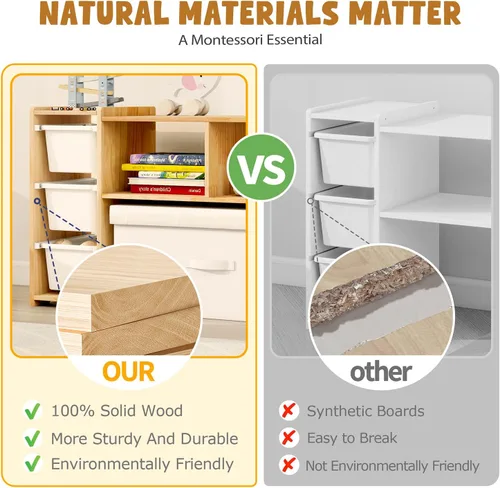 Vista 5 de MallBest Estantería Montessori para Niños - 100% Madera de Pino Maciza con 6 Cajones Plásticos Extraíbles, Organizador de Almacenamiento de Juguetes