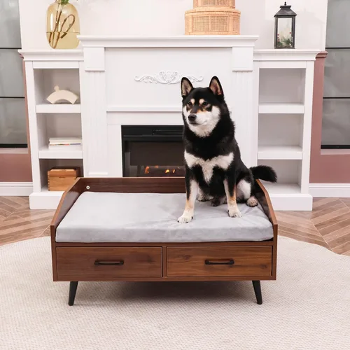 Vista 8 de Cama elevada para perros pequeños a medianos: sofá de madera para interiores de 32 x 21 pulgadas con cojín suave, estilo moderno de mediados