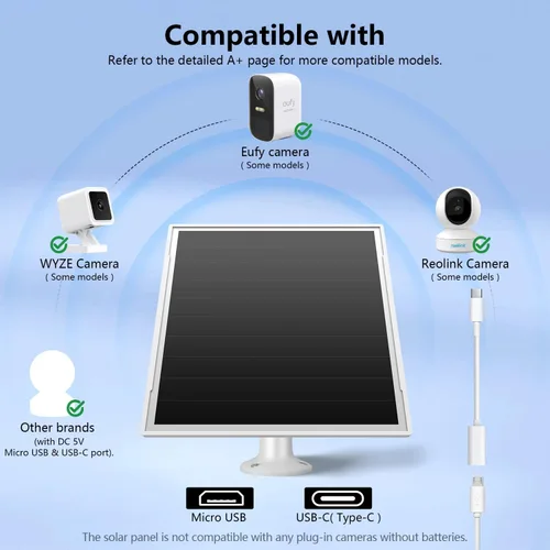 Vista 2 de Panel solar de 8 W para cámara de seguridad al aire libre, micro USB de 5 V y cargador de panel solar USB - C, se adapta a Eufy/Wyze/Reolink DC 5V