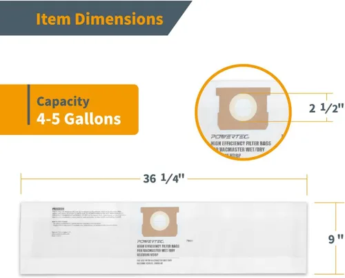 Vista 4 de POWERTEC VDBP Bolsas de filtro de polvo para Vacmaster 6PK, para Vacmaster VQ407S, VWM510 aspiradoras húmedas/secas de 4 a 5 galones, bolsas