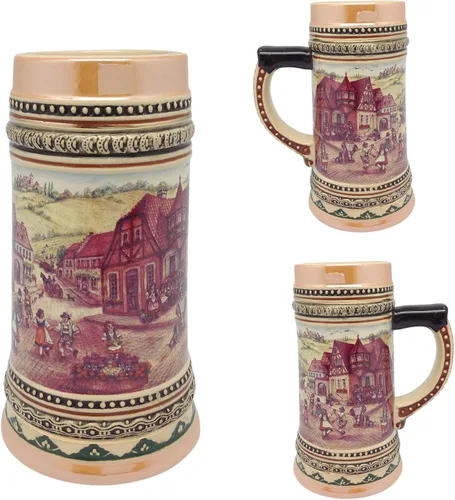 Vista 3 de OktoberfestHaus - Taza de cerveza de 1.0 litros con asa, taza de cerveza Oktoberfest, German Village Dancers (Tänzer) Bier Krug, jarra de cerámica