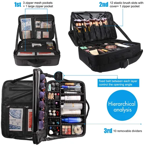 Vista 4 de MONSTINA Estuche de maquillaje grande, bolsa de maquillaje de 3 capas, organizador de cosméticos, bolsa de tren de peluquería, caja de artista