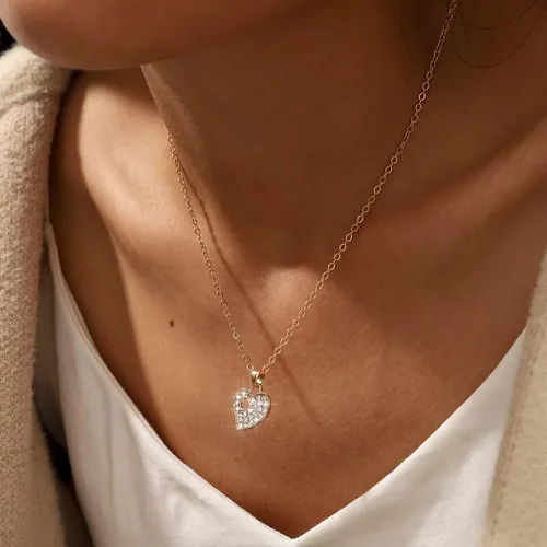 Vista 5 de Edary Conjunto de joyas de corazón para mujer, collar de oro para el día de San Valentín, conjunto de aretes con colgante de diamantes de imitación