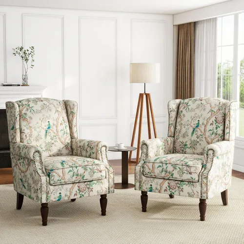 Vista 37 de High Back Accent Chair, Fabric Upholstered Armchair Wingback Chair for Living Room, Comfy Bedroom Reading Seat with Solid Wood Legs, Beige